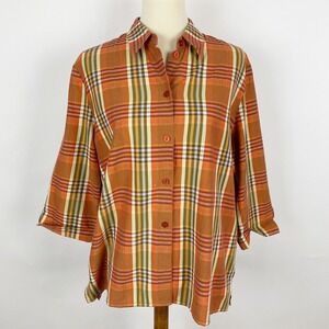 Giorgio Plaid Cotton Button Down 3/4 Sleeve‎ Top Shirt Womens Size 14